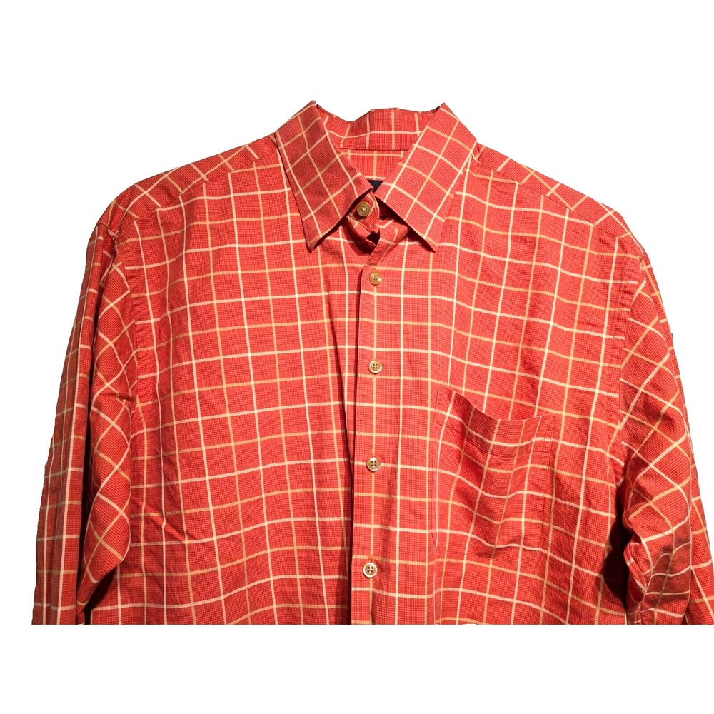 Scott Barber Houndstooth Plaid Pocket Shirt Mens Large Button Up Orange Check